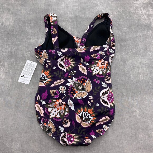 Lands End Swim Suit 4P Purple Floral‎ 1pc Ruched Padded Bra Nylon Spandex NWT - Picture 5 of 9